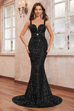 Glitter Sequins Preto Sereia Esparguete Correias Longo Vestido de Baile