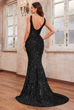 Glitter Sequins Preto Sereia Esparguete Correias Longo Vestido de Baile