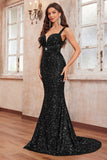 Glitter Sequins Preto Sereia Esparguete Correias Longo Vestido de Baile