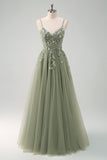 Verde Uma Linha Corset Sequin Tulle Long Prom Dress with Lace Up Back