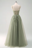 Verde Uma Linha Corset Sequin Tulle Long Prom Dress with Lace Up Back