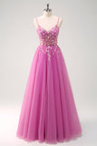 Sparkly roxo A-Line Appliqued Long Prom Dress com fenda