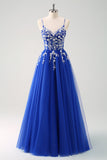 Sparkly roxo A-Line Appliqued Long Prom Dress com fenda