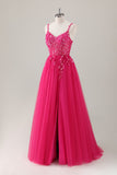 Sparkly roxo A-Line Appliqued Long Prom Dress com fenda