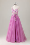 Sparkly roxo A-Line Appliqued Long Prom Dress com fenda