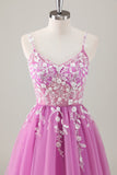 Sparkly roxo A-Line Appliqued Long Prom Dress com fenda