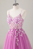 Sparkly roxo A-Line Appliqued Long Prom Dress com fenda