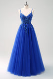 Brilhante A-Line Royal Blue Spaghetti Correias Corset Long Prom Dress