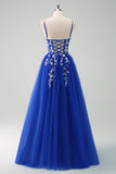 Brilhante A-Line Royal Blue Spaghetti Correias Corset Long Prom Dress