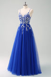 Brilhante A-Line Royal Blue Spaghetti Correias Corset Long Prom Dress