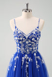 Brilhante A-Line Royal Blue Spaghetti Correias Corset Long Prom Dress