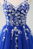 Brilhante A-Line Royal Blue Spaghetti Correias Corset Long Prom Dress