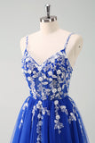 Brilhante A-Line Royal Blue Spaghetti Correias Corset Long Prom Dress