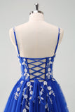 Brilhante A-Line Royal Blue Spaghetti Correias Corset Long Prom Dress