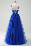 Brilhante A-Line Royal Blue Spaghetti Correias Corset Long Prom Dress