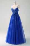 Brilhante A-Line Royal Blue Spaghetti Correias Corset Long Prom Dress