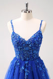 Brilhante A-Line Royal Blue Spaghetti Correias Corset Long Prom Dress