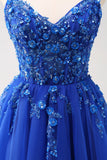 Brilhante A-Line Royal Blue Spaghetti Correias Corset Long Prom Dress