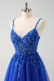 Brilhante A-Line Royal Blue Spaghetti Correias Corset Long Prom Dress