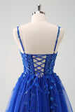 Brilhante A-Line Royal Blue Spaghetti Correias Corset Long Prom Dress