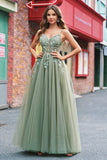 Verde Uma Linha Corset Sequin Tulle Long Prom Dress with Lace Up Back