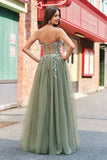 Verde Uma Linha Corset Sequin Tulle Long Prom Dress with Lace Up Back