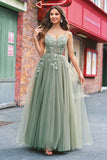 Verde Uma Linha Corset Sequin Tulle Long Prom Dress with Lace Up Back