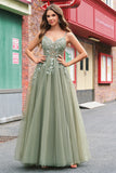 Verde Uma Linha Corset Sequin Tulle Long Prom Dress with Lace Up Back