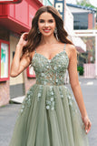 Verde Uma Linha Corset Sequin Tulle Long Prom Dress with Lace Up Back