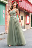 Verde Uma Linha Corset Sequin Tulle Long Prom Dress with Lace Up Back