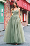 Verde Uma Linha Corset Sequin Tulle Long Prom Dress with Lace Up Back