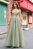 Verde Uma Linha Corset Sequin Tulle Long Prom Dress with Lace Up Back