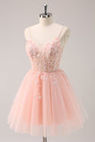 A Linha Blush Esparguete Correias Tulle Corset Sequins Homecoming Dress com Apliques