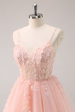 A Linha Blush Esparguete Correias Tulle Corset Sequins Homecoming Dress com Apliques