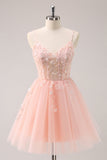 A Linha Blush Esparguete Correias Tulle Corset Sequins Homecoming Dress com Apliques