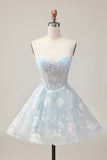 Azul Claro Brilhante Uma Linha Esparguete Correias Espartilho Longo Vestido Homecoming