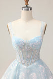 Azul Claro Brilhante Uma Linha Esparguete Correias Espartilho Longo Vestido Homecoming