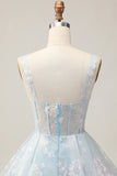 Azul Claro Brilhante Uma Linha Esparguete Correias Espartilho Longo Vestido Homecoming