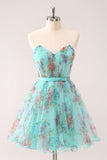 Fofo Strapless Verde Floral Vestido Curto Homecoming