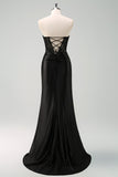 Preto Strapless Sereia Ruched Corset Long Prom Dress