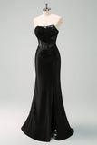 Preto Strapless Sereia Ruched Corset Long Prom Dress