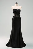 Preto Strapless Sereia Ruched Corset Long Prom Dress