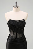 Preto Strapless Sereia Ruched Corset Long Prom Dress