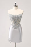 Prata Strapless Sequins Corset Apertado Homecoming Dress