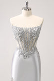 Prata Strapless Sequins Corset Apertado Homecoming Dress