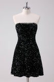 Sparkly Preto A-Line Strapless Sequins Vestido Curto Homecoming