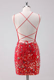 Glitter Red Spaghetti Correias Sequins Bodycon Vestido Curto Homecoming