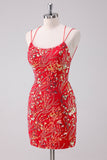 Glitter Red Spaghetti Correias Sequins Bodycon Vestido Curto Homecoming