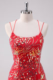 Glitter Red Spaghetti Correias Sequins Bodycon Vestido Curto Homecoming