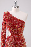 Sparkly Red One Shoulder Tight Short Homecoming Dress com Hollow out